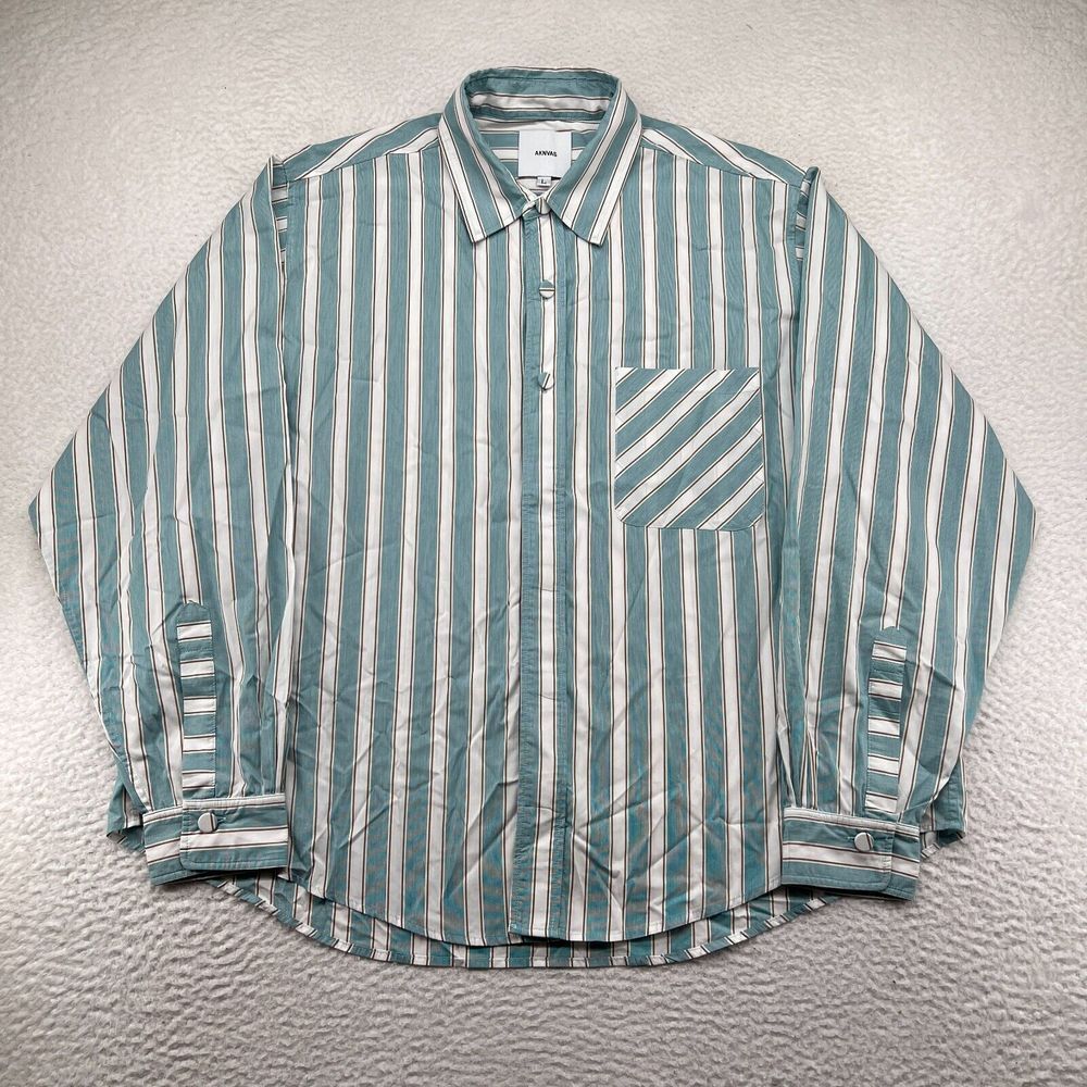 AKNVAS Men's Button Down Cotton L Blue White Long Sleeve Baggy‎